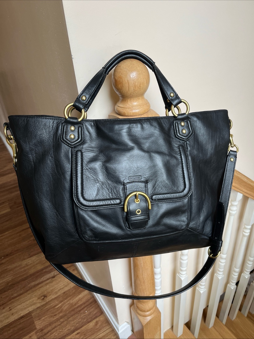 Coach F24683 Campbell Izzy Leather Satchel Black, Gold Hardware, Crossbody Strap